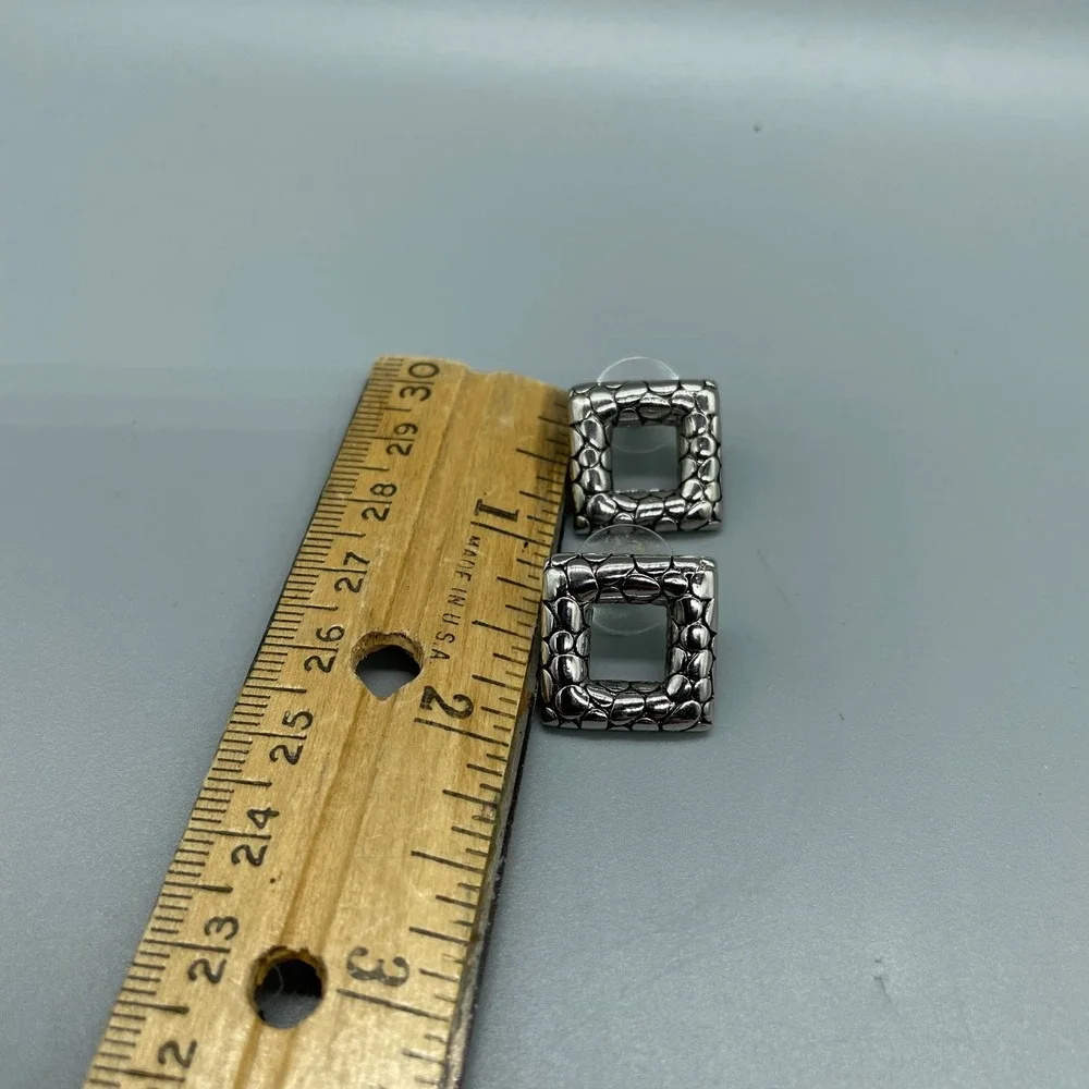 Silver Tone Textured Pebble Square Stud Earrings Open‎ Geometric Post Backs